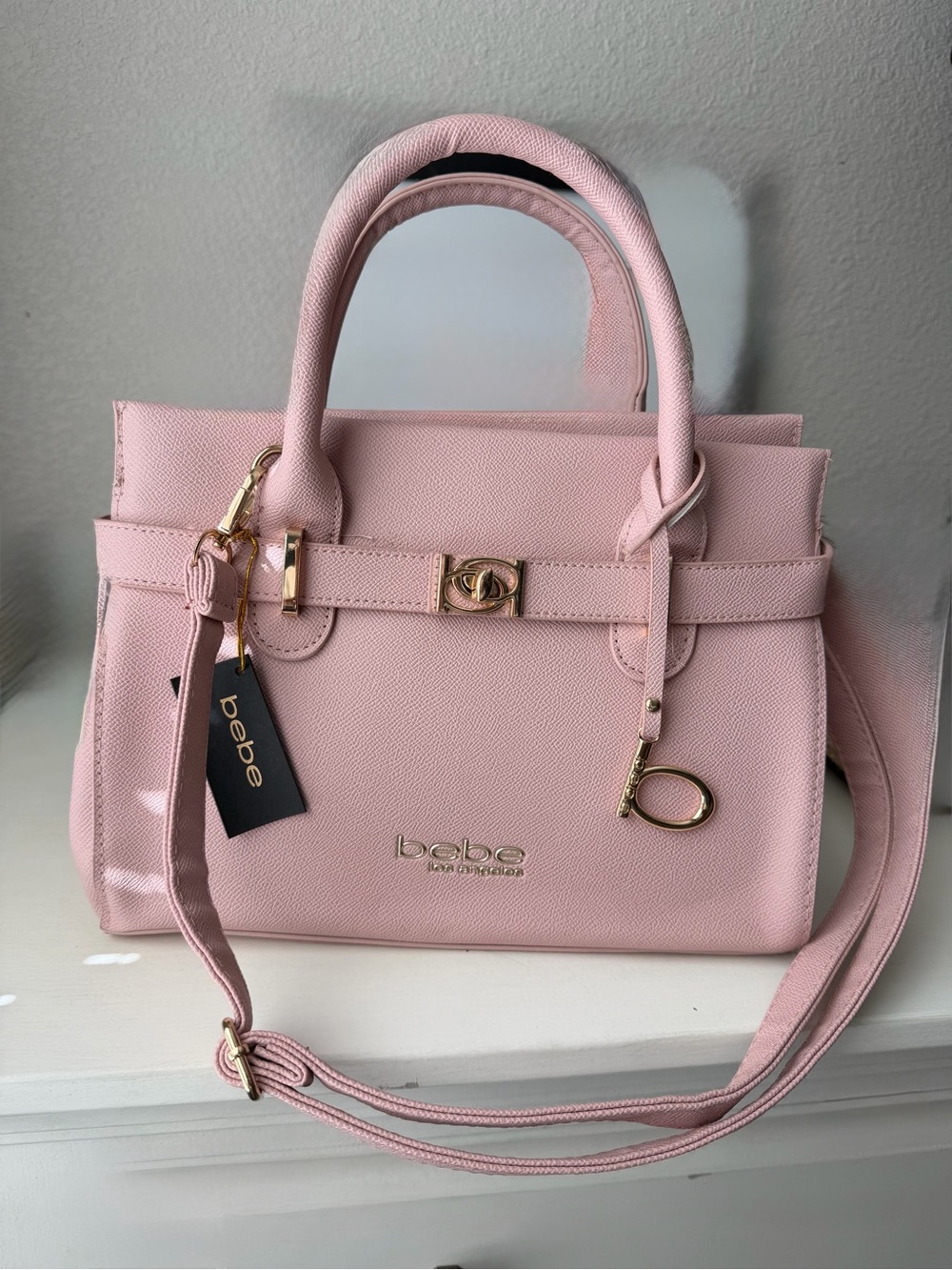bebe Blush Pink Structured Satchel with Gold Hardware